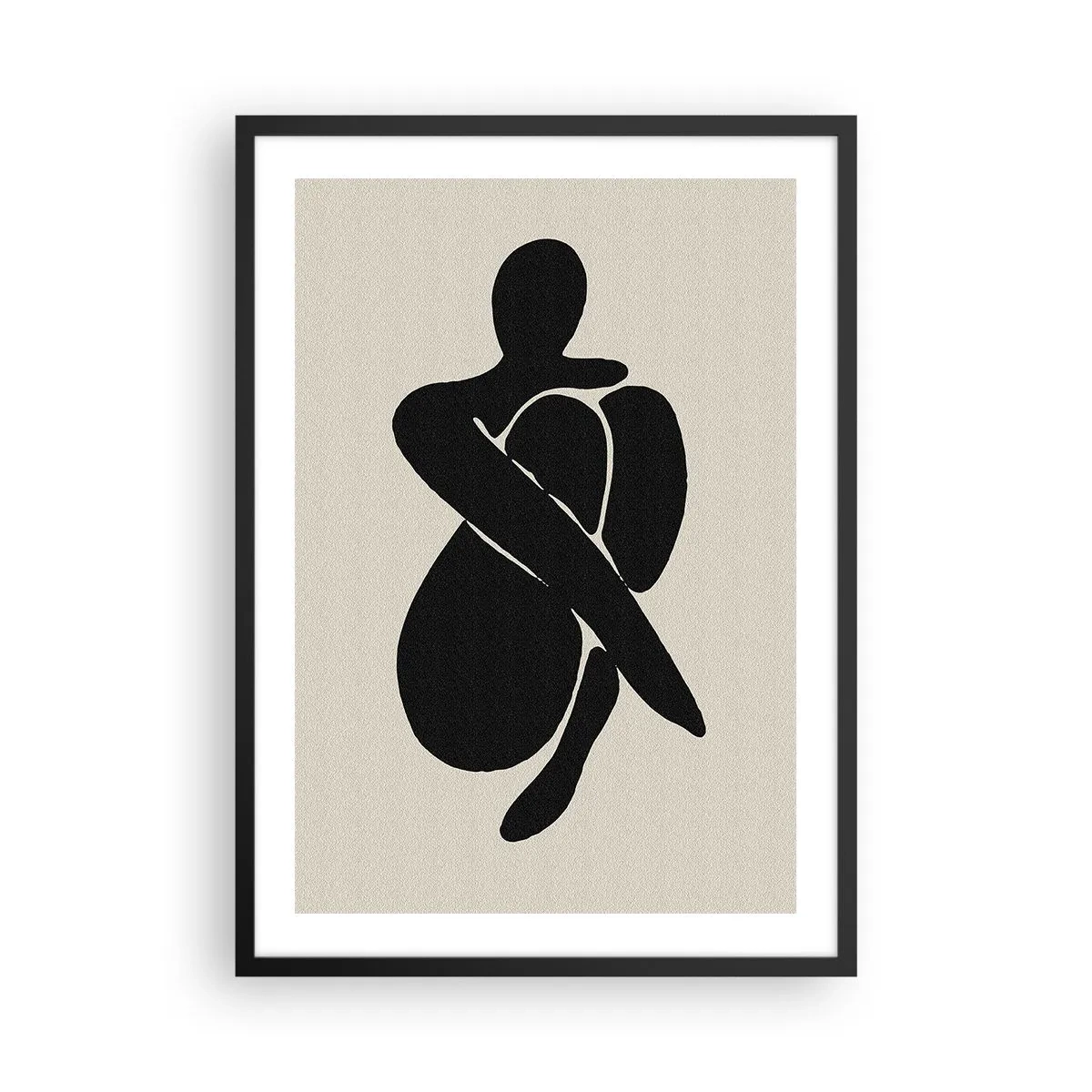 Plakát v černém rámu - Abstraktní postava v póze s rukama omotanýma kolem těla, černobílá ilustrace - 50x70cm - Ve vlastním objetí - Moderní nástěnná dekorace do obývacího pokoje a ložnice ARTTOR