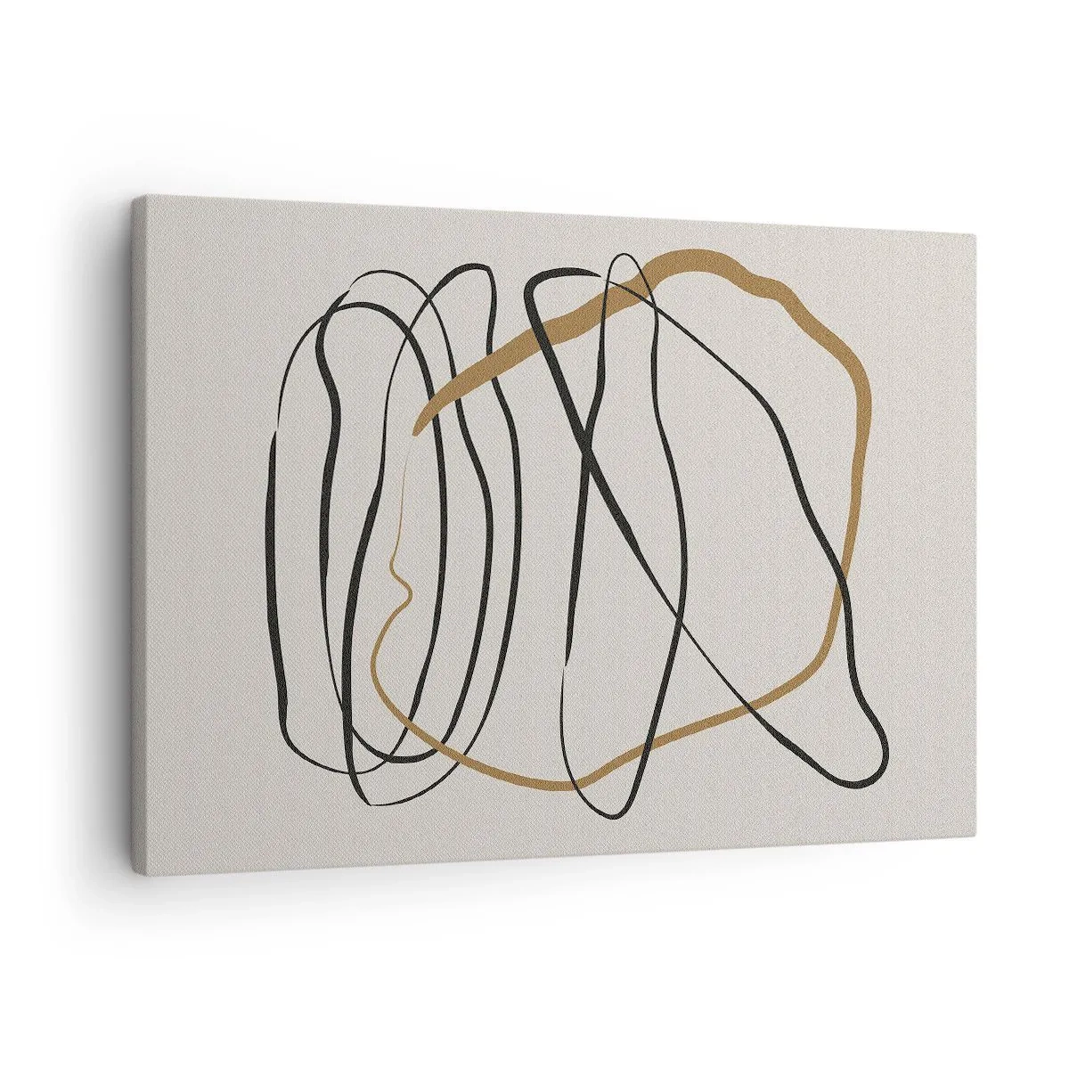 Obraz na plátně - Umělecké linie v černé a zlaté barvě na světlém pozadí - 70x50cm - Kompozice – tanec ve smyčce - Moderní nástěnná dekorace do obývacího pokoje a ložnice ARTTOR