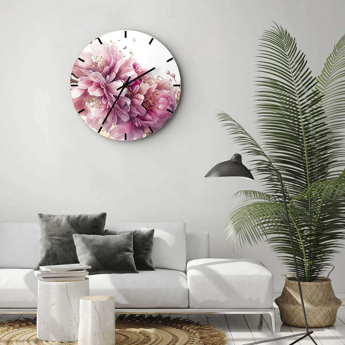 Nástěnné hodiny - Kvetoucí růžové třešňové květy na bílém pozadí v uměleckém stylu - 30x30cm - Květ kvetoucí třešně - Moderní nástěnná dekorace do obývacího pokoje, kuchyně a ložnice ARTTOR
