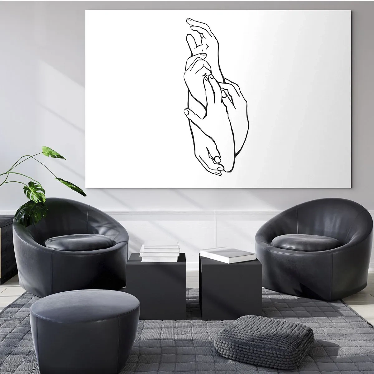 Obraz na skle - Jemná lineární kresba sepjatých rukou na bílém pozadí. - 70x50cm - Dobrý dotek - Moderní nástěnná dekorace do obývacího pokoje a ložnice ARTTOR