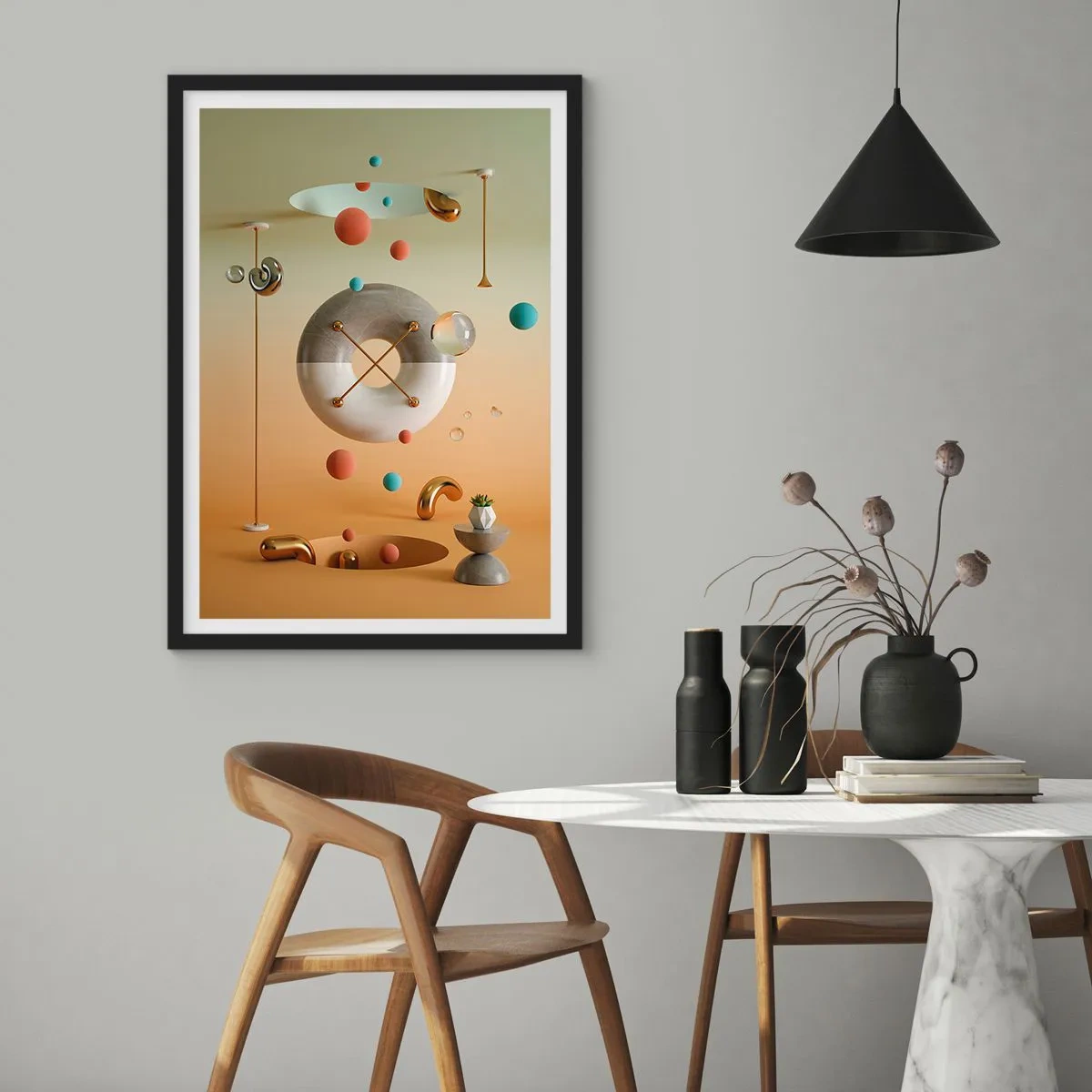 Plakát v černém rámu - Abstraktní kompozice geometrických tvarů v teplých barvách. - 50x70cm - Vše je možné - Moderní nástěnná dekorace do obývacího pokoje a ložnice ARTTOR