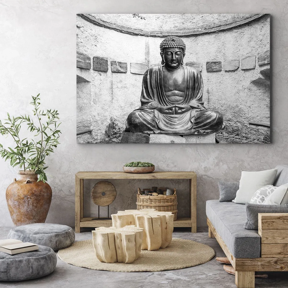 Obraz na plátně - Černá a bílá socha Buddhy v meditativní póze - 70x50cm - U zdroje klidu - Moderní nástěnná dekorace do obývacího pokoje a ložnice ARTTOR