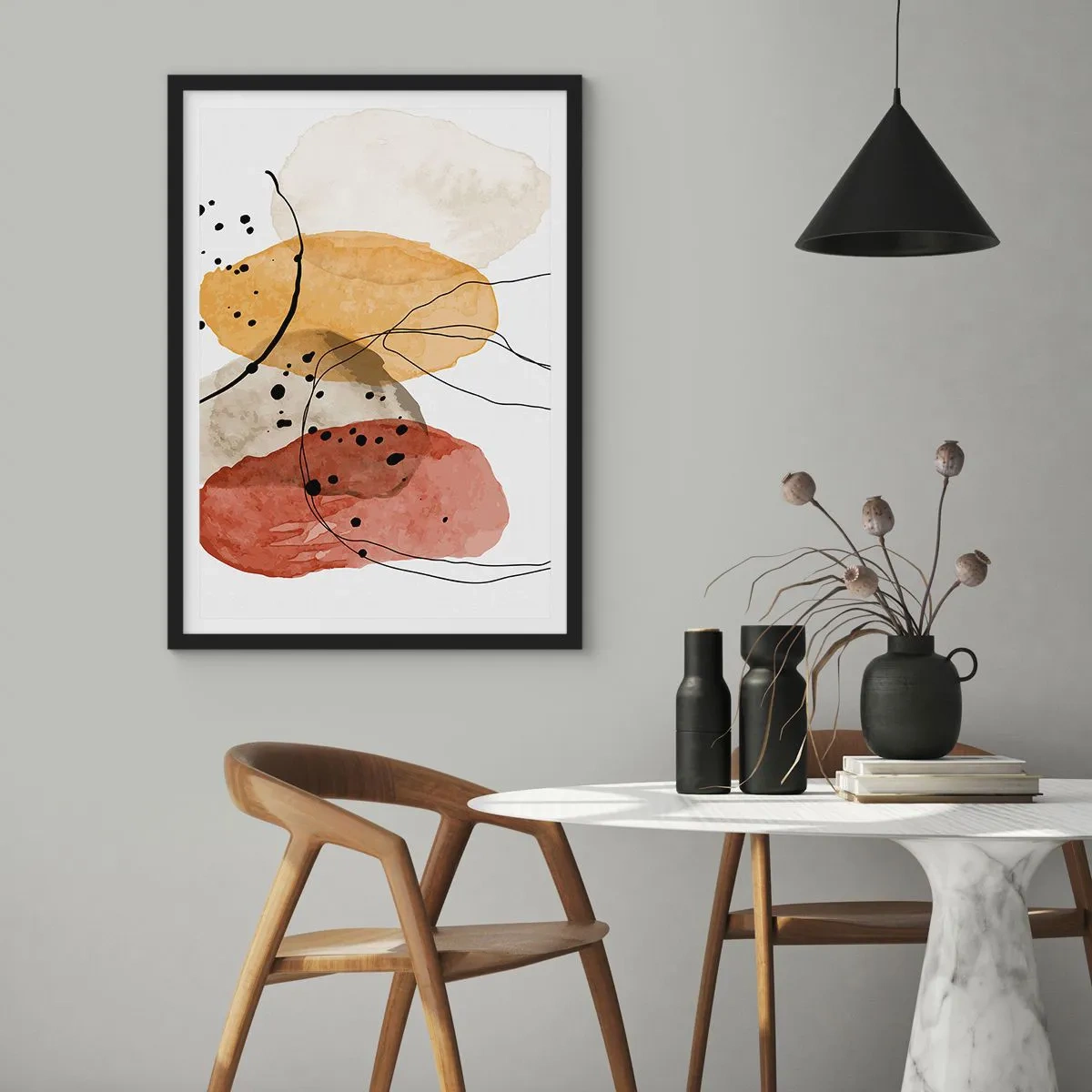 Plakát v černém rámu - Abstraktní tvary v odstínech béžové, žluté a červené - 50x70cm - Jako lehký, průzračný vzduch - Moderní nástěnná dekorace do obývacího pokoje a ložnice ARTTOR