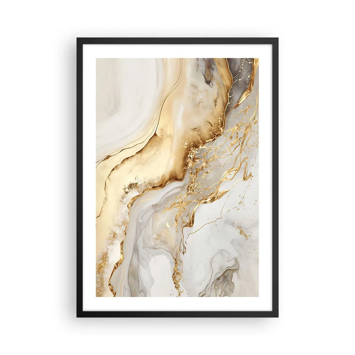 Plakát v černém rámu - Abstraktní složení ze zlatého a bílého mramoru - 50x70cm - Abstrakce: krása a dobro - Moderní nástěnná dekorace do obývacího pokoje a ložnice ARTTOR