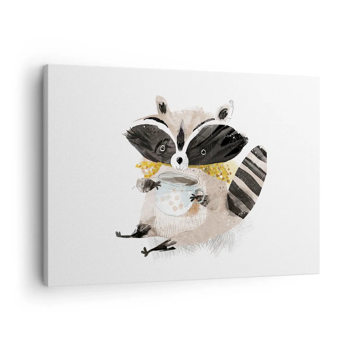 Obraz na plátně - Rozkošný mýval držící pastelově zbarvený hrnek - 70x50cm - Můj přítel mýval - Moderní nástěnná dekorace do obývacího pokoje a ložnice ARTTOR