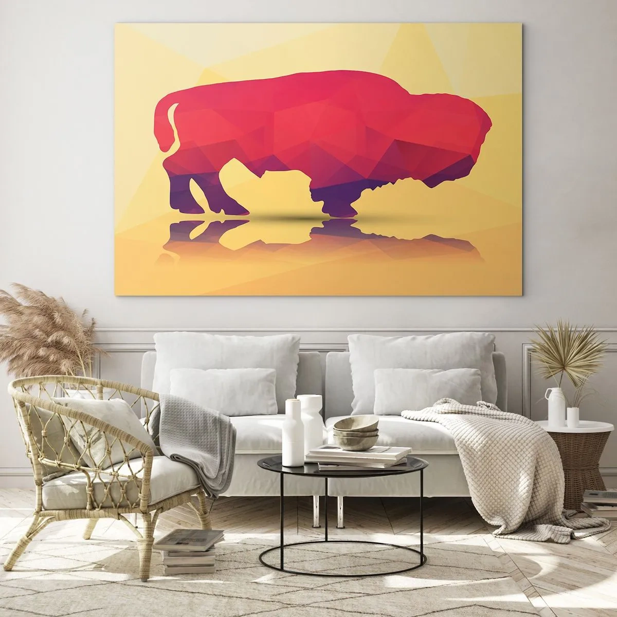 Obraz na skle - Geometrický bizon v teplých barvách - 70x50cm - Amarantová síla zubra - Moderní nástěnná dekorace do obývacího pokoje a ložnice ARTTOR