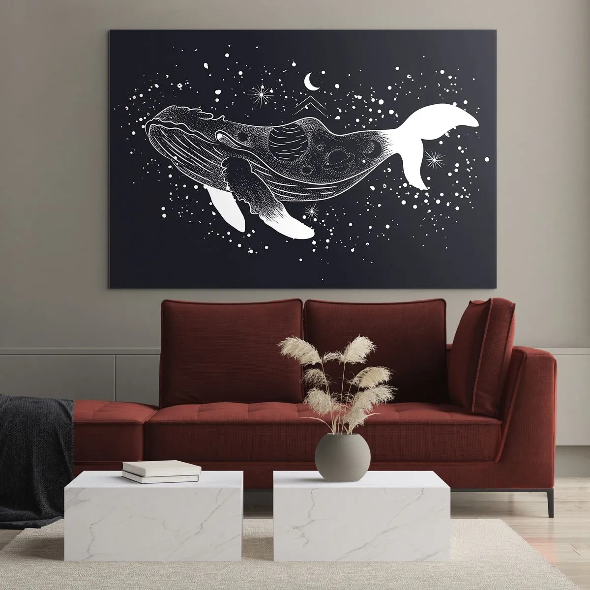 Obraz na skle - Grafická bílá silueta velryby plovoucí ve vesmíru - 70x50cm - V oceánu vesmíru - Moderní nástěnná dekorace do obývacího pokoje a ložnice ARTTOR