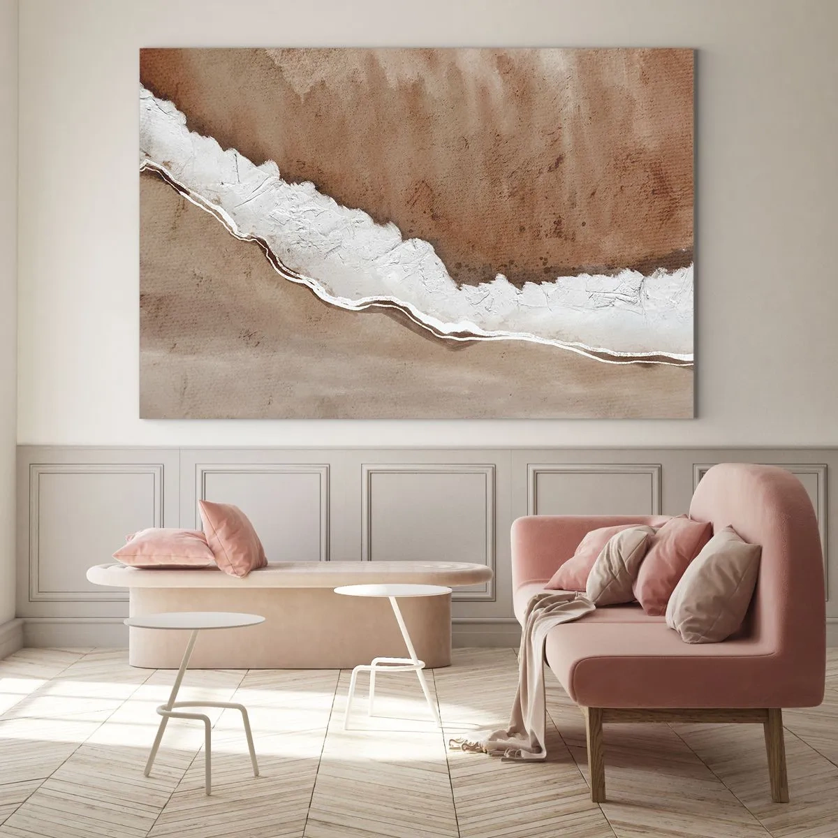 Obraz na skle - Umělecká struktura v zemních tónech a bílé - 70x50cm - V zemitých barvách - Moderní nástěnná dekorace do obývacího pokoje a ložnice ARTTOR