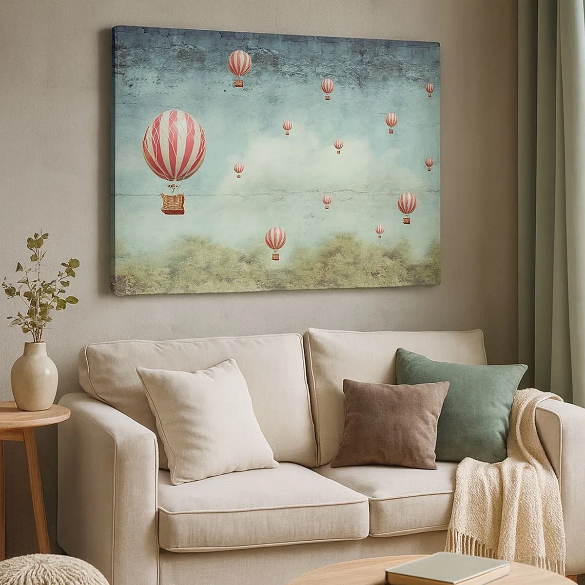 Obraz na plátně - Retro balónky na pozadí modré oblohy a zeleně - 70x50cm - Osvobozeni od shonu života - Moderní nástěnná dekorace do obývacího pokoje a ložnice ARTTOR