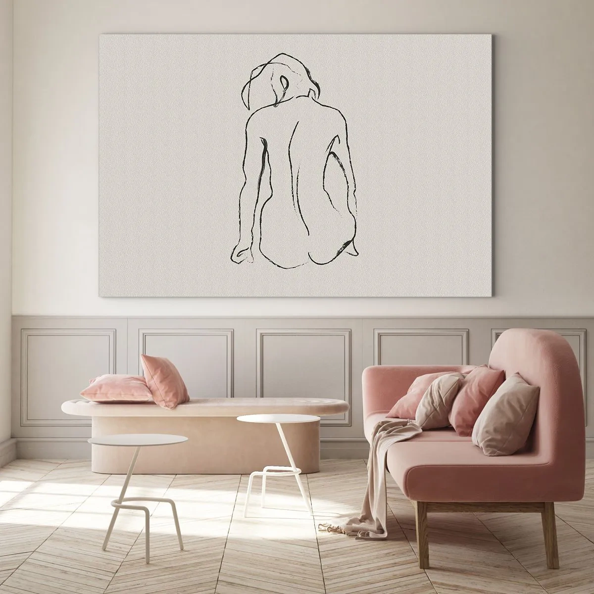 Obraz na skle - Jemná skica sedící ženy, nakreslená černou barvou na světlém pozadí. - 70x50cm - Dívčí akt - Moderní nástěnná dekorace do obývacího pokoje a ložnice ARTTOR
