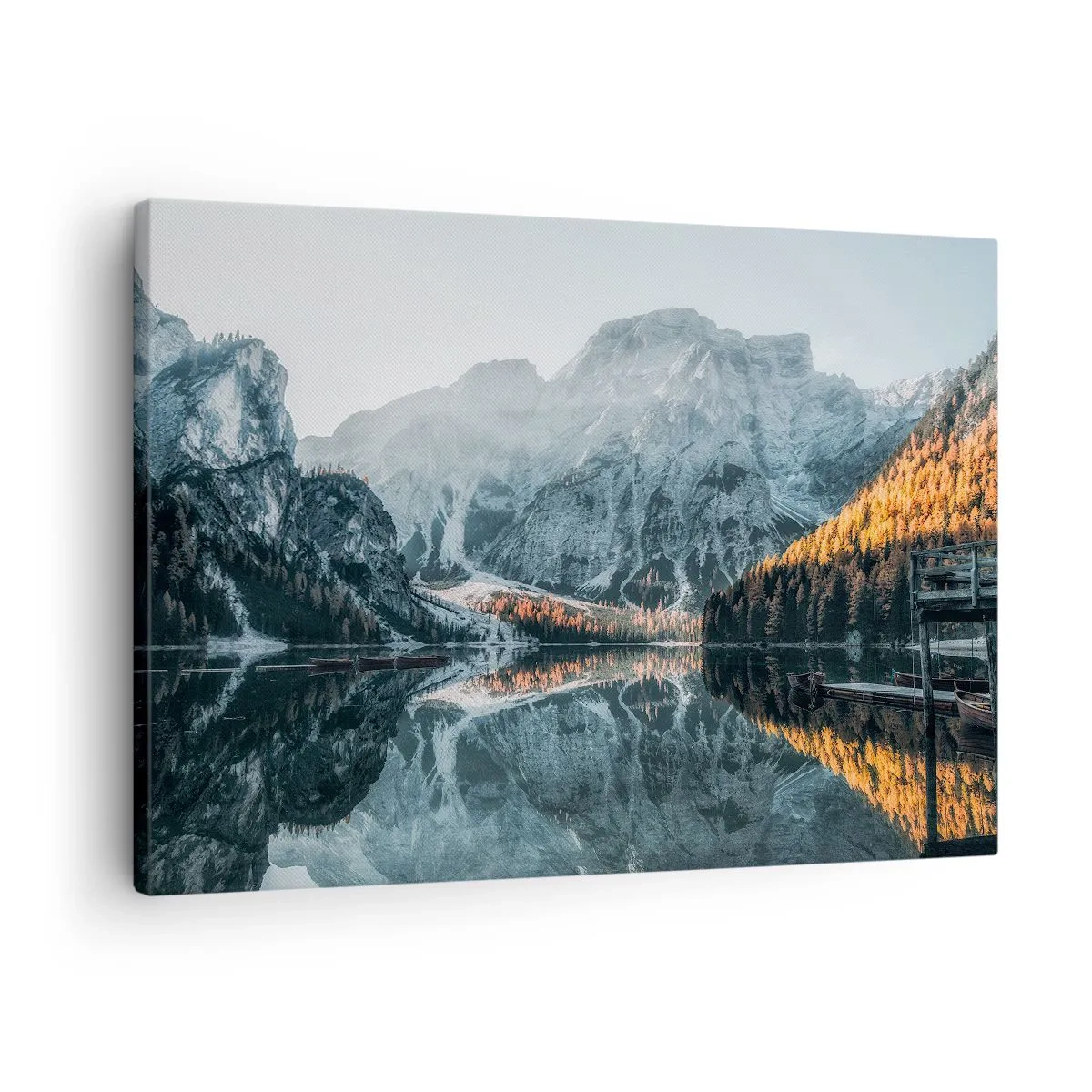 Obraz na plátně - Horská krajina odrážející se v klidné hladině jezera - 70x50cm - Zrcadlová krajina - Moderní nástěnná dekorace do obývacího pokoje a ložnice ARTTOR