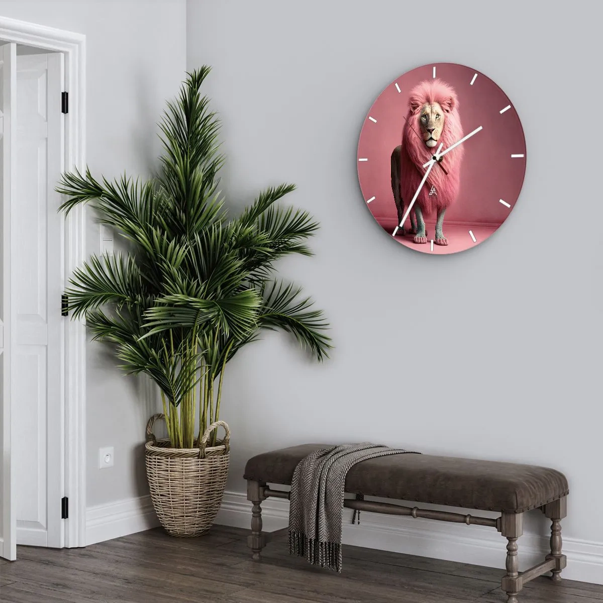 Nástěnné hodiny - Lev s intenzivně růžovou hřívou na pozadí stejné barvy - 30x30cm - A už se nebojíš - Moderní nástěnná dekorace do obývacího pokoje, kuchyně a ložnice ARTTOR