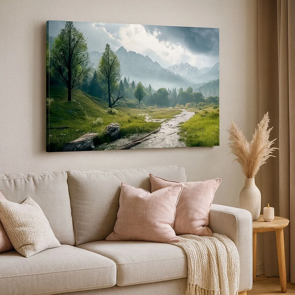 Obraz na plátně - Horská krajina s řekou a stromy obklopená mlžnými horami - 70x50cm - Tam a zpět - Moderní nástěnná dekorace do obývacího pokoje a ložnice ARTTOR