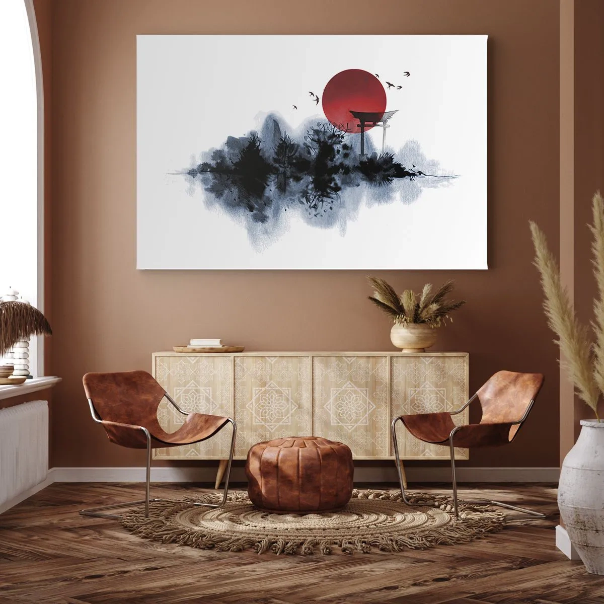 Obraz na plátně - Rudé slunce nad malebnou krajinou s torii - 70x50cm - Japonský pohled - Moderní nástěnná dekorace do obývacího pokoje a ložnice ARTTOR