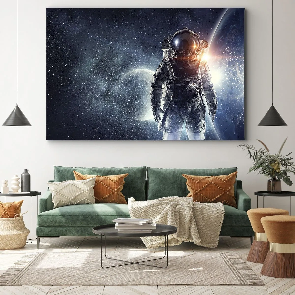 Obraz na plátně - Astronaut na pozadí vesmíru a planety Země - 70x50cm - Vesmírné dobrodružství - Moderní nástěnná dekorace do obývacího pokoje a ložnice ARTTOR