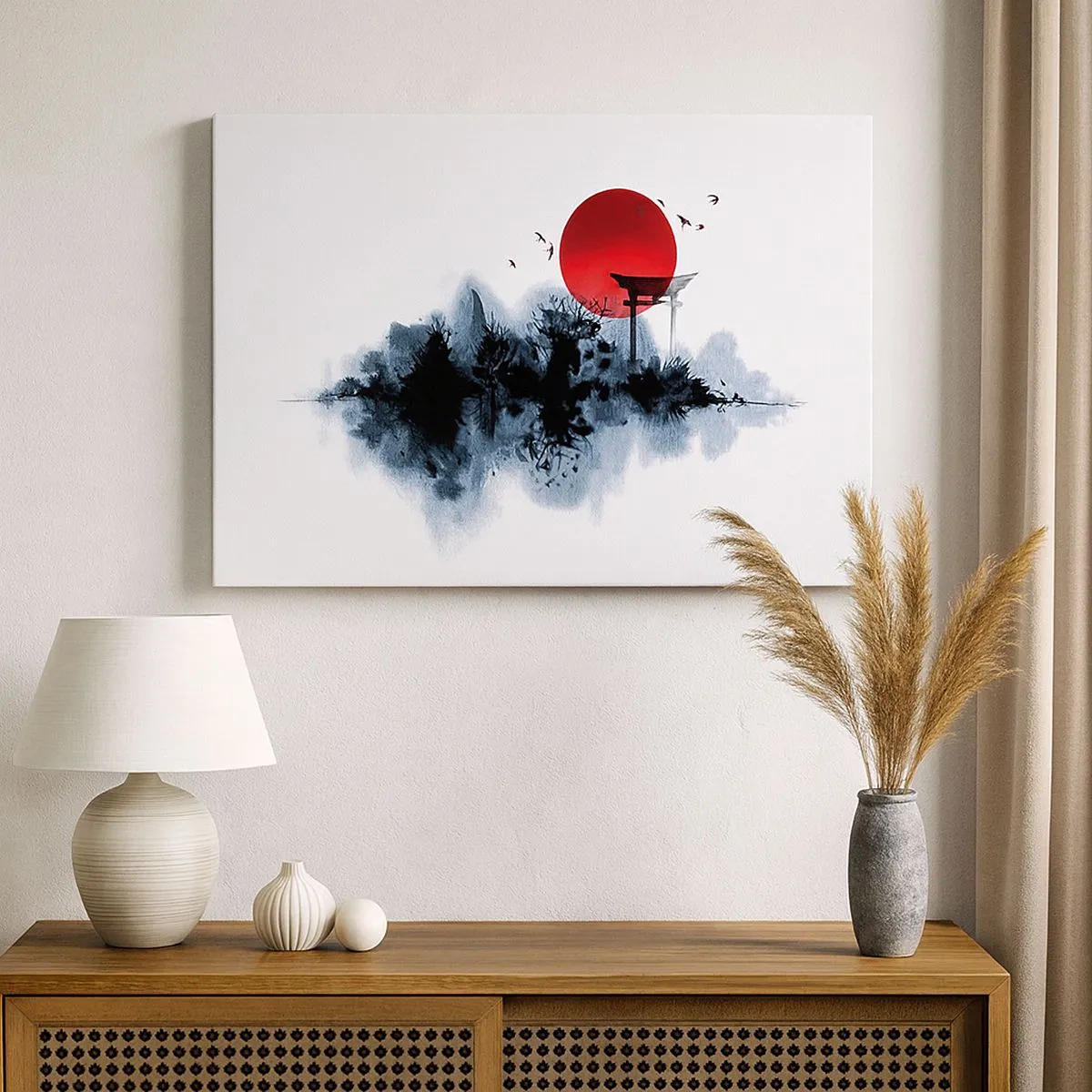 Obraz na plátně - Rudé slunce nad malebnou krajinou s torii - 70x50cm - Japonský pohled - Moderní nástěnná dekorace do obývacího pokoje a ložnice ARTTOR