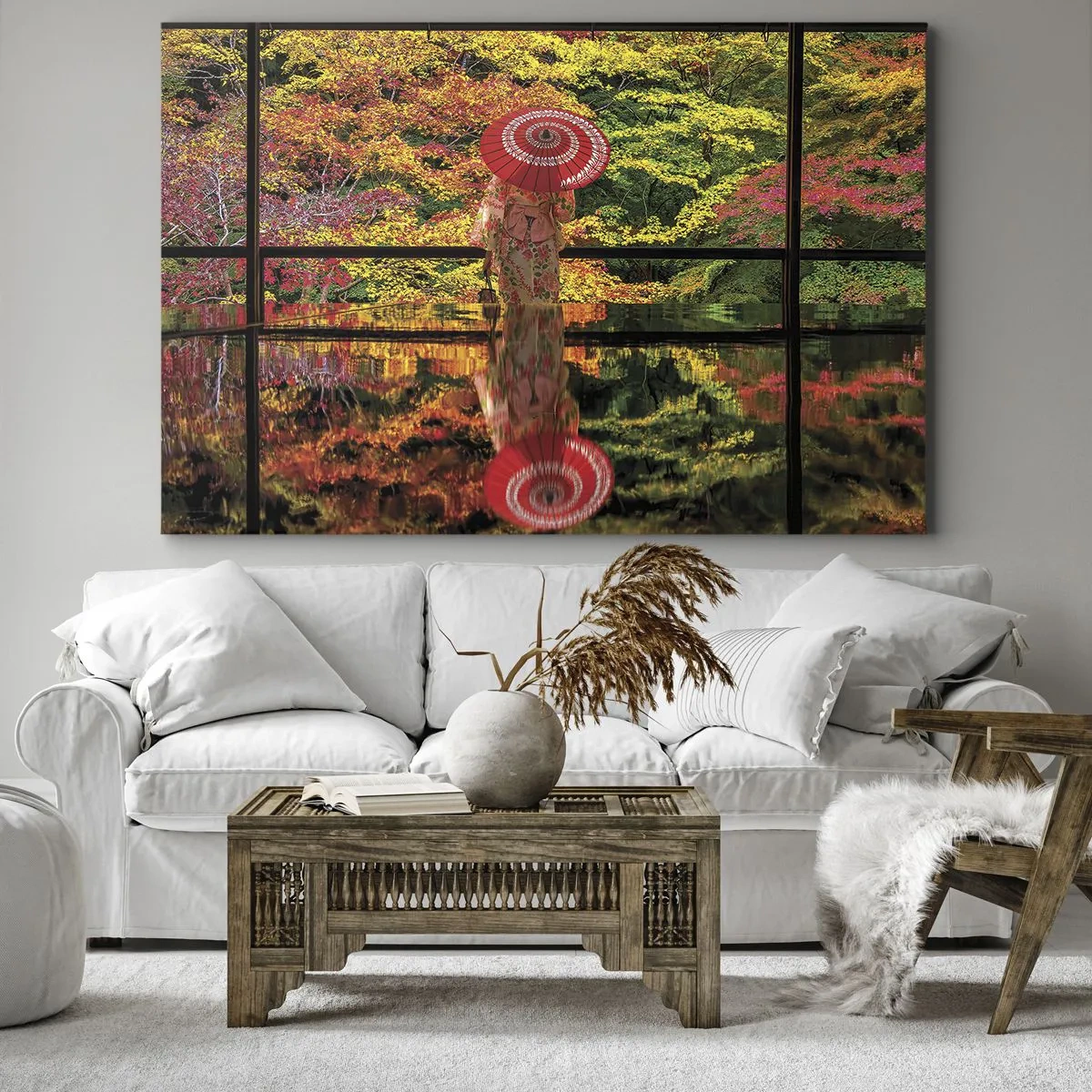Obraz na plátně - Žena v kimonu s deštníkem na pozadí podzimní krajiny. - 70x50cm - V chrámu přírody - Moderní nástěnná dekorace do obývacího pokoje a ložnice ARTTOR