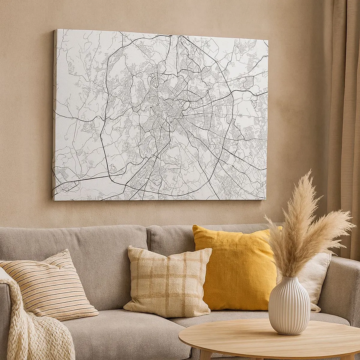 Obraz na plátně - Mapa města v minimalistickém stylu s jemnými liniemi - 70x50cm - Římský kruh - Moderní nástěnná dekorace do obývacího pokoje a ložnice ARTTOR