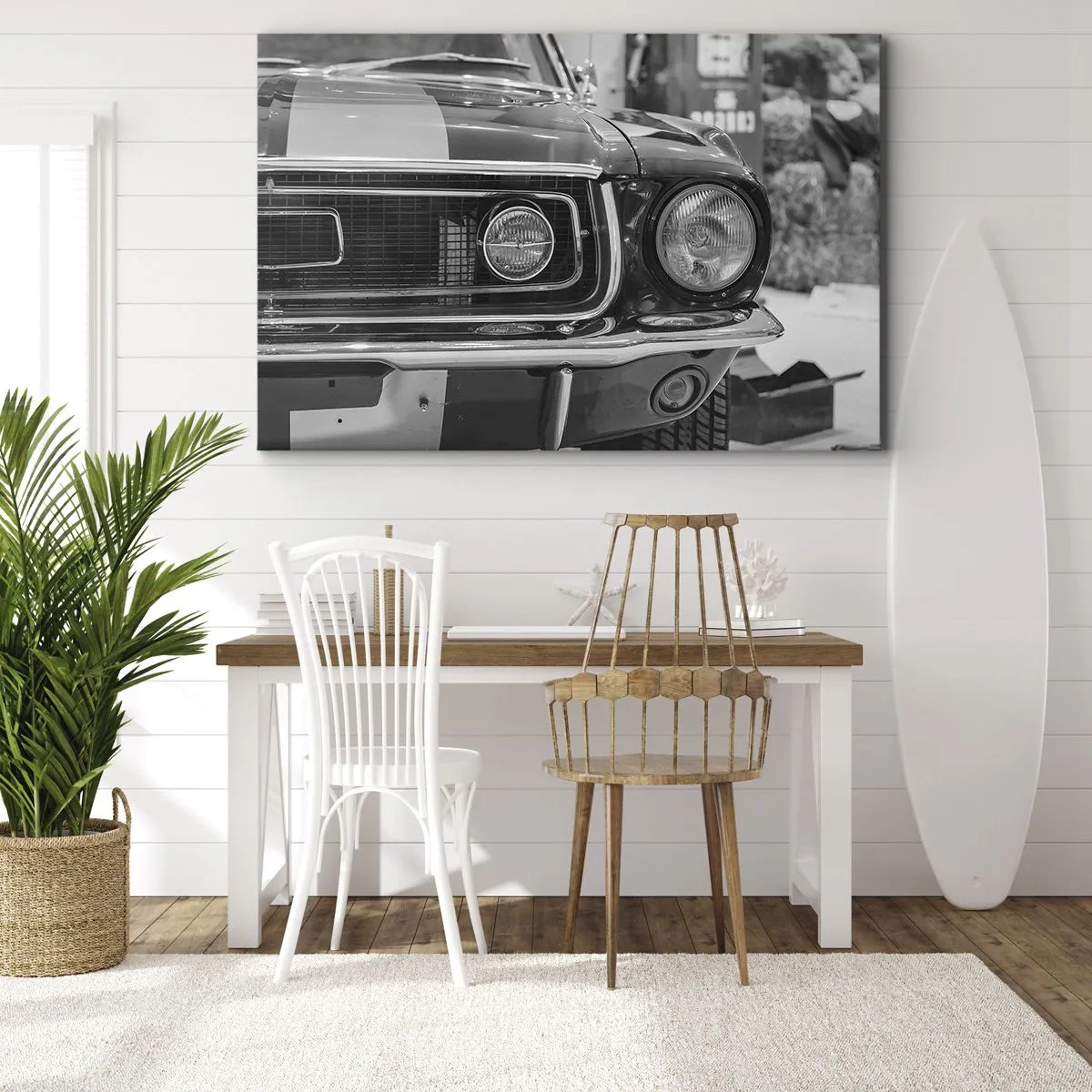 Obraz na plátně - Černá a bílá kapota klasického auta - 70x50cm - Divoká jízda - Moderní nástěnná dekorace do obývacího pokoje a ložnice ARTTOR