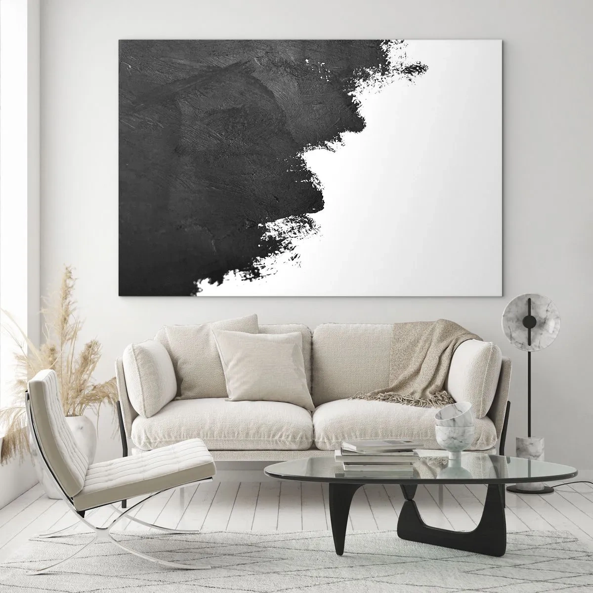 Obraz na skle - Černá barva textura na bílém pozadí v minimalistickém stylu - 70x50cm - Živly: země - Moderní nástěnná dekorace do obývacího pokoje a ložnice ARTTOR
