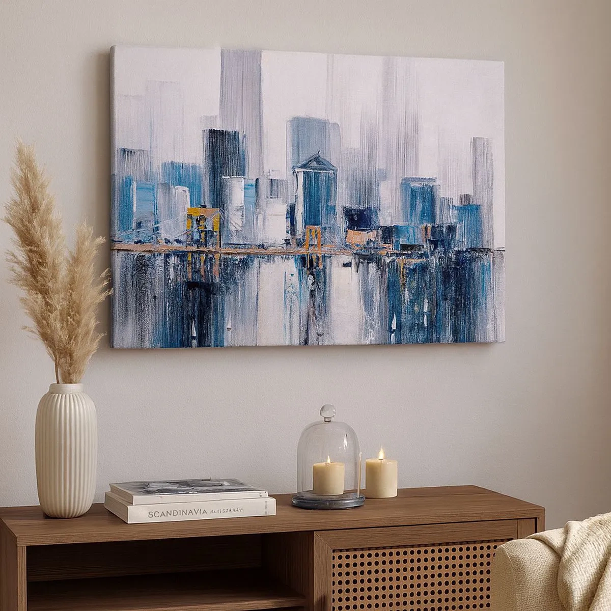 Obraz na plátně - Abstraktní panorama města s odstíny modré a žluté - 70x50cm - Newyorská imprese - Moderní nástěnná dekorace do obývacího pokoje a ložnice ARTTOR