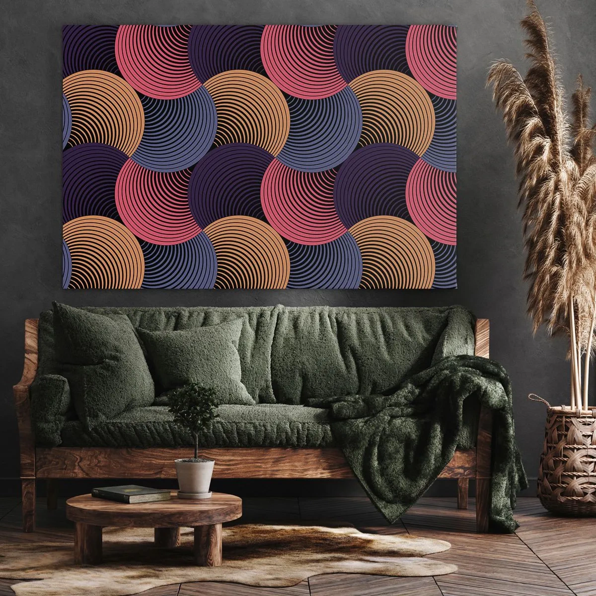 Obraz na plátně - Geometrické kruhy v odstínech růžové, fialové a zlaté - 70x50cm - V kruhovém rytmu - Moderní nástěnná dekorace do obývacího pokoje a ložnice ARTTOR