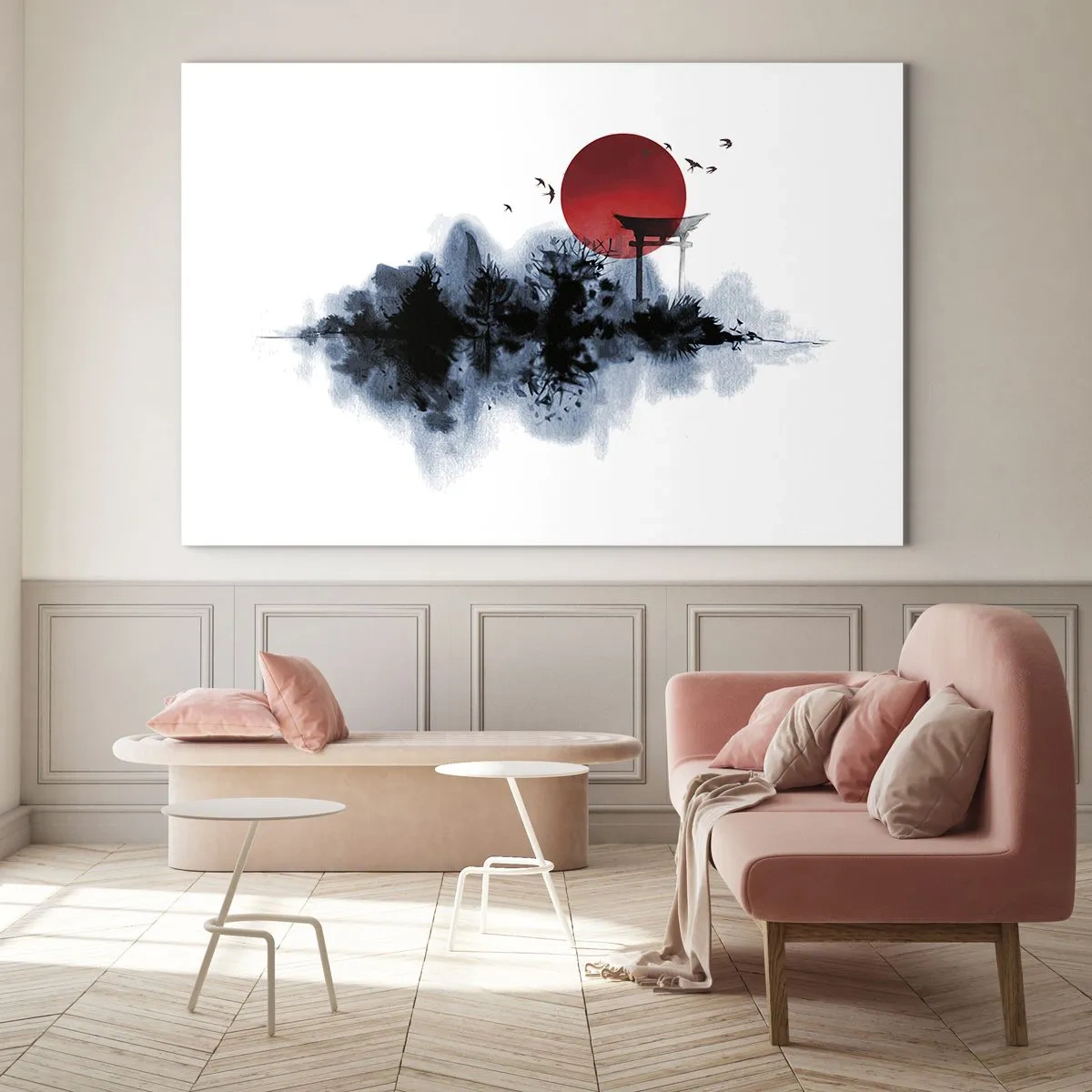 Obraz na skle - Minimalistická krajina s bránou torii a rudým sluncem. - 70x50cm - Japonský pohled - Moderní nástěnná dekorace do obývacího pokoje a ložnice ARTTOR