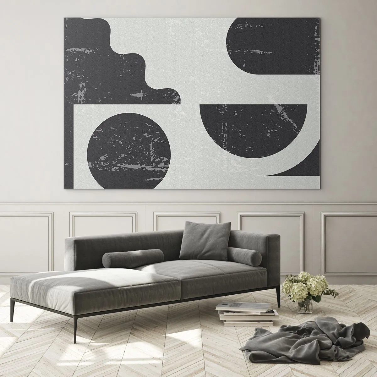 Obraz na skle - Abstraktní geometrická grafika s oděrkami - 70x50cm - Kompozice nad a pod - Moderní nástěnná dekorace do obývacího pokoje a ložnice ARTTOR