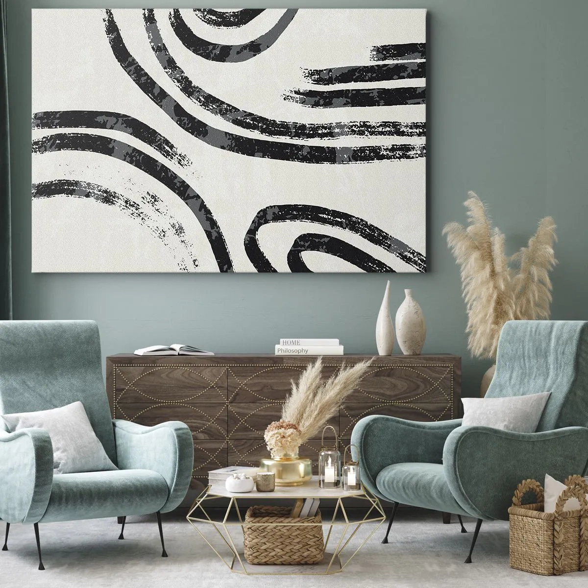 Obraz na plátně - Černobílé abstraktní čáry na světlém pozadí - 70x50cm - Napůl zastavený - Moderní nástěnná dekorace do obývacího pokoje a ložnice ARTTOR