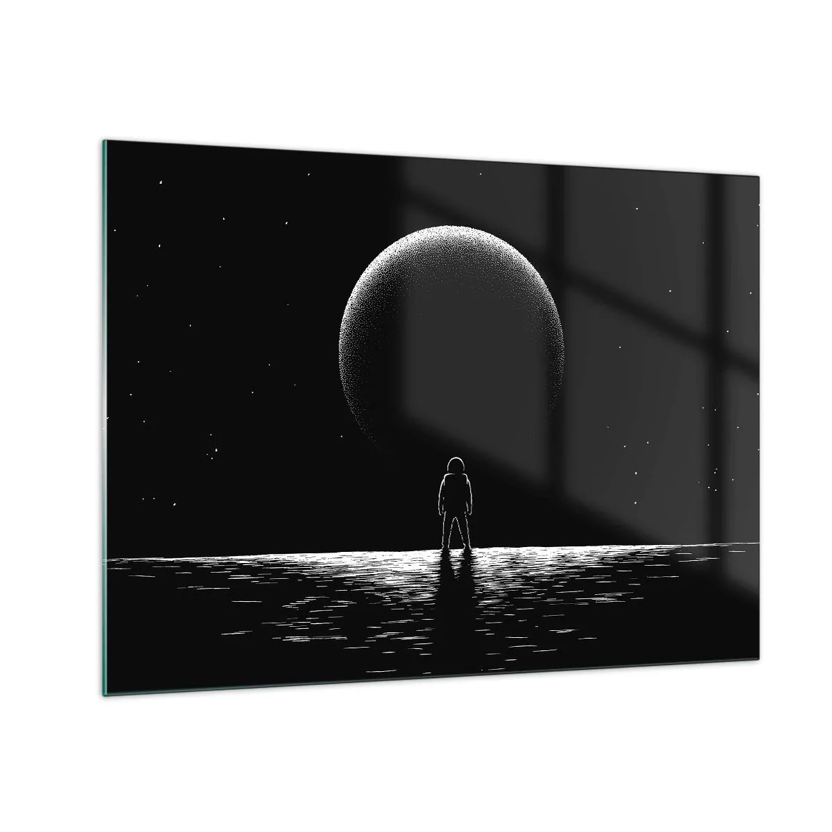 Obraz na skle - Astronaut stojící před planetou v černé a bílé - 70x50cm - Tváři v tvář - Moderní nástěnná dekorace do obývacího pokoje a ložnice ARTTOR