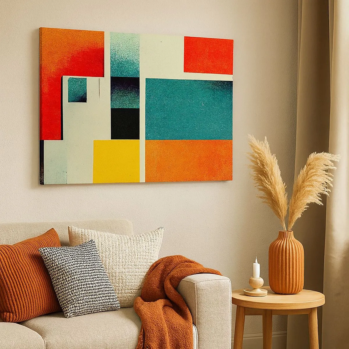 Obraz na plátně - Geometrická abstrakce s barevnými obdélníky a čtverci - 70x50cm - Geometrická abstrakce – dobrá energie - Moderní nástěnná dekorace do obývacího pokoje a ložnice ARTTOR