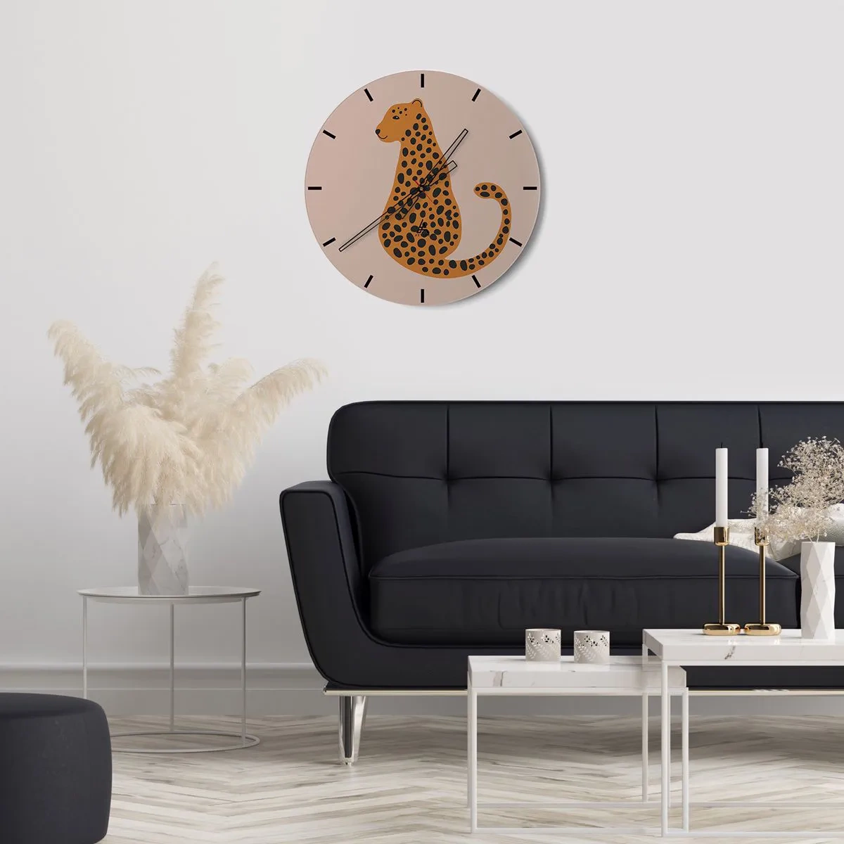 Nástěnné hodiny - Stylizovaný panter na béžovém pozadí - 30x30cm - Leopardní vzor je v módě - Moderní nástěnná dekorace do obývacího pokoje, kuchyně a ložnice ARTTOR