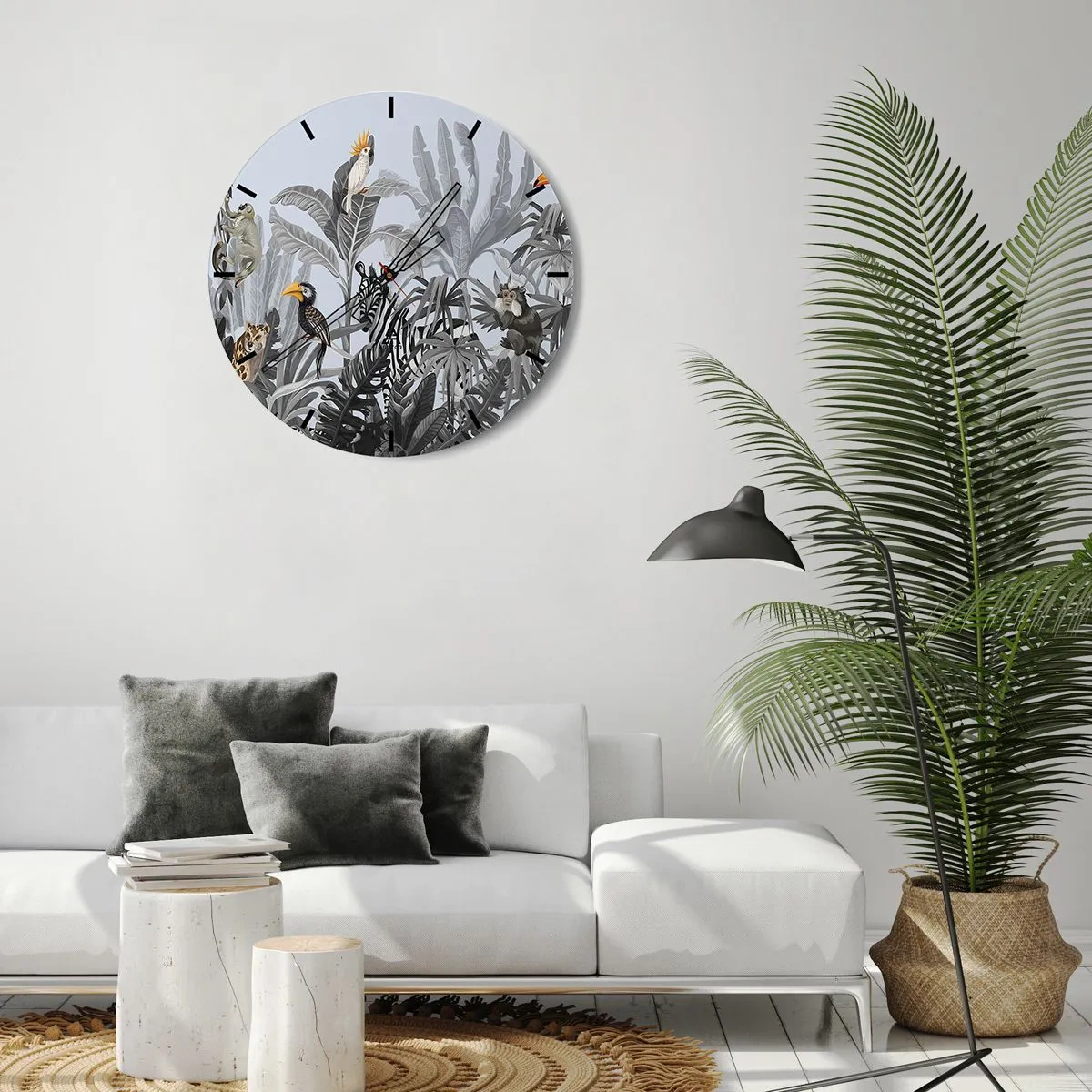Nástěnné hodiny - Tropické rostliny s exotickými zvířaty na pozadí džungle - 30x30cm - Africká pohádka - Moderní nástěnná dekorace do obývacího pokoje, kuchyně a ložnice ARTTOR
