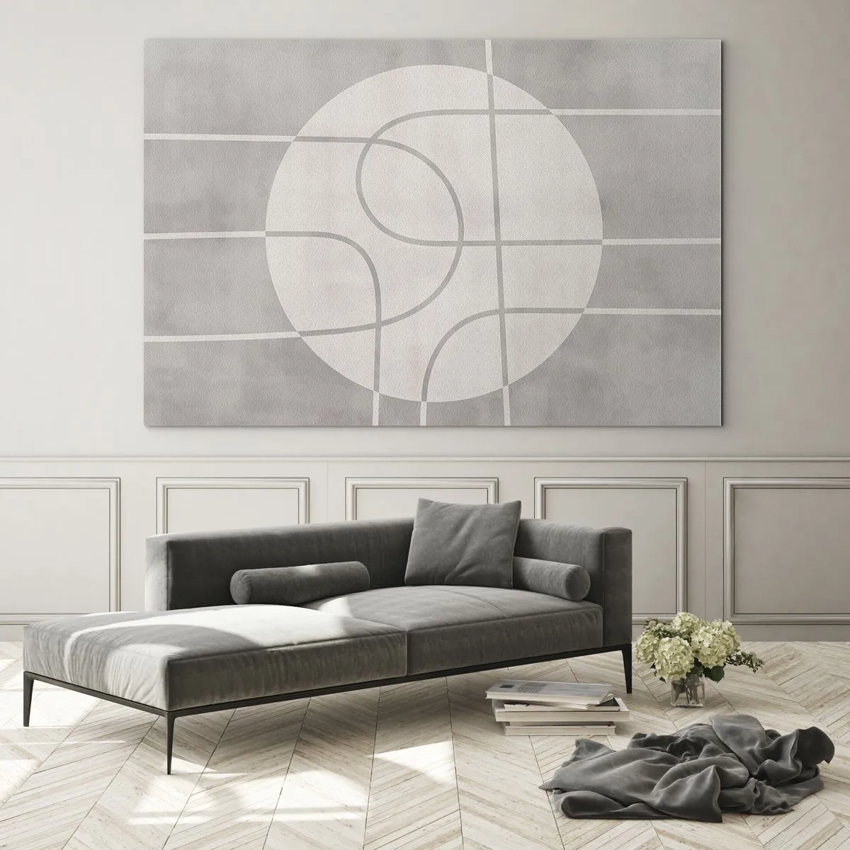 Obraz na skle - Béžové čáry a kruhy vytvářející geometrickou kompozici - 70x50cm - Kruhově a přímo - Moderní nástěnná dekorace do obývacího pokoje a ložnice ARTTOR