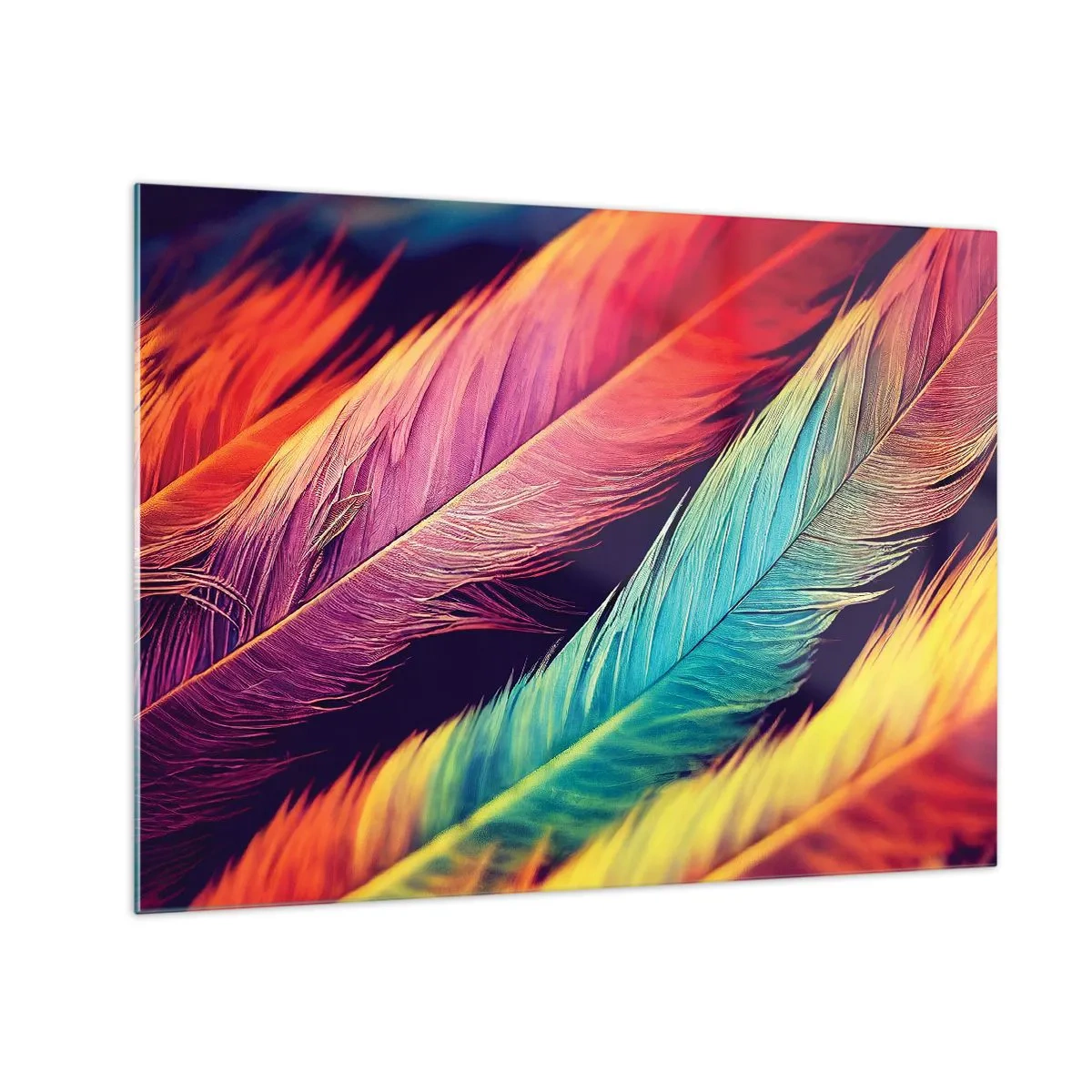 Obraz na skle - Barevné peří v intenzivních duhových odstínech - 70x50cm - Opeřená duha - Moderní nástěnná dekorace do obývacího pokoje a ložnice ARTTOR