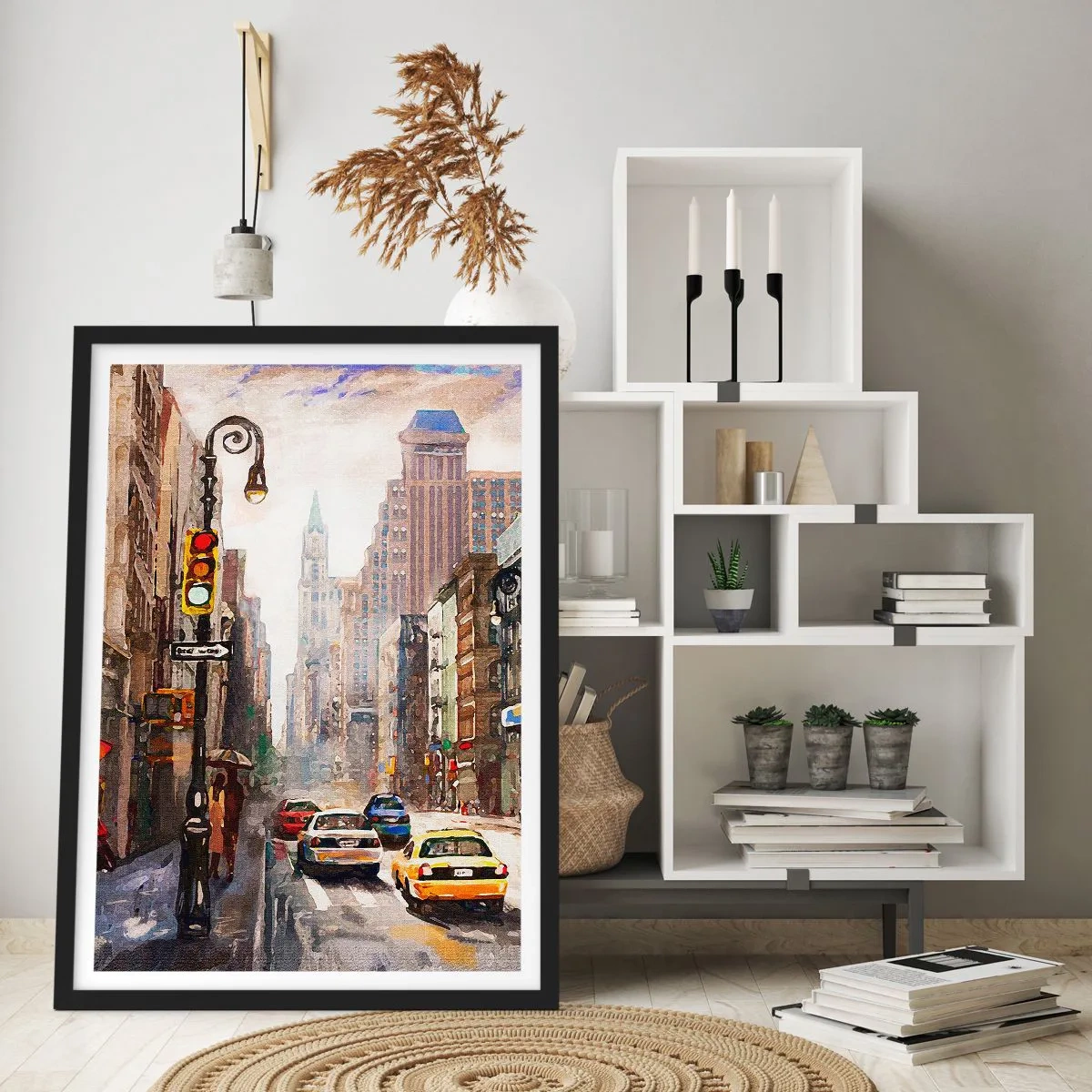 Plakát v černém rámu - Městská ulice s auty a semafory - 50x70cm - New York – barevný i v dešti - Moderní nástěnná dekorace do obývacího pokoje a ložnice ARTTOR
