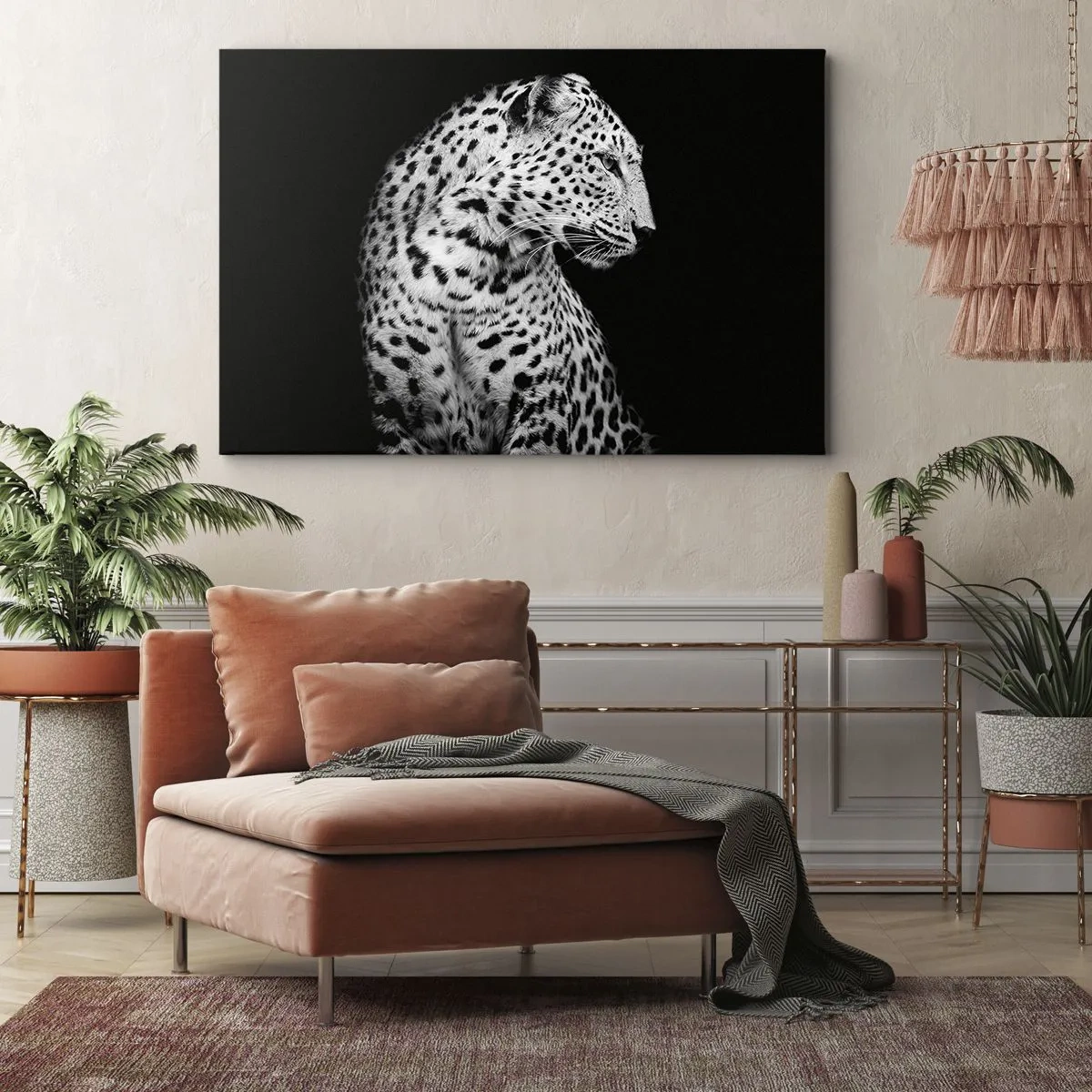 Obraz na plátně - Černobílý obrázek leoparda na černém pozadí - 70x50cm - Pravý profil perfektní! - Moderní nástěnná dekorace do obývacího pokoje a ložnice ARTTOR