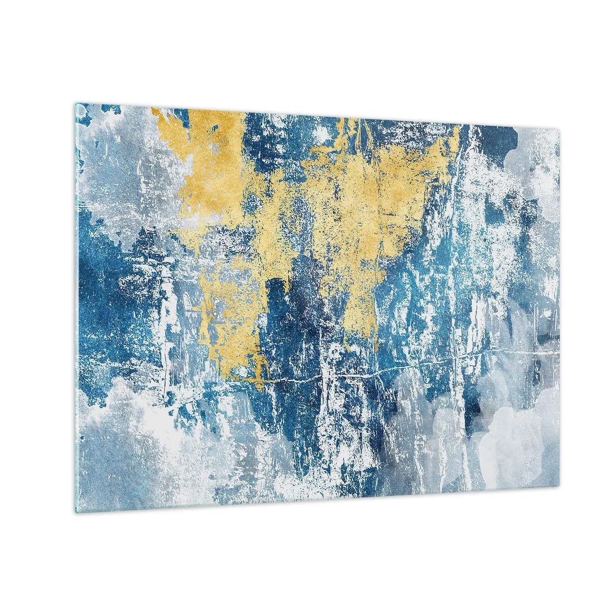 Obraz na skle - Modrá a žlutá abstrakce s efektem poškrábaného a texturovaného povrchu - 70x50cm - Abstrakce s dobrou náladou - Moderní nástěnná dekorace do obývacího pokoje a ložnice ARTTOR