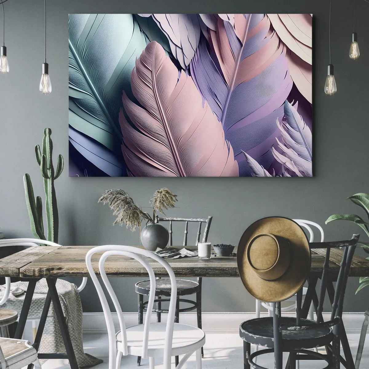 Obraz na plátně - Barevné peří v pastelových odstínech na světlém pozadí - 70x50cm - Ptačí styl - Moderní nástěnná dekorace do obývacího pokoje a ložnice ARTTOR