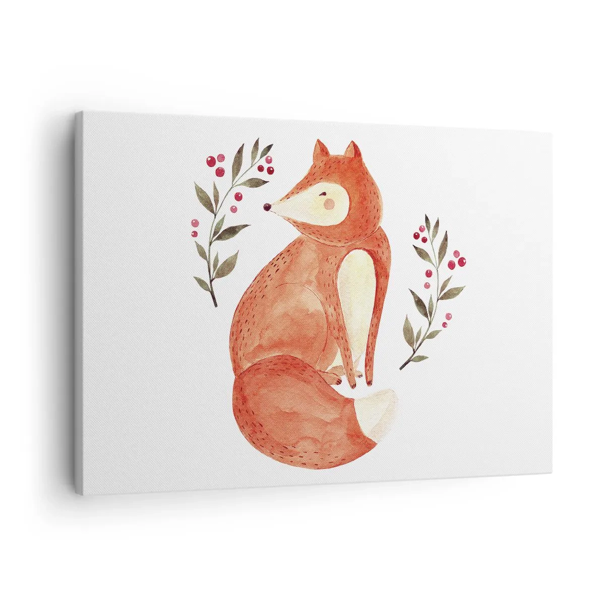 Obraz na plátně - Akvarelová liška obklopená větvičkami s bobulemi - 70x50cm - Malý zrzek - Moderní nástěnná dekorace do obývacího pokoje a ložnice ARTTOR