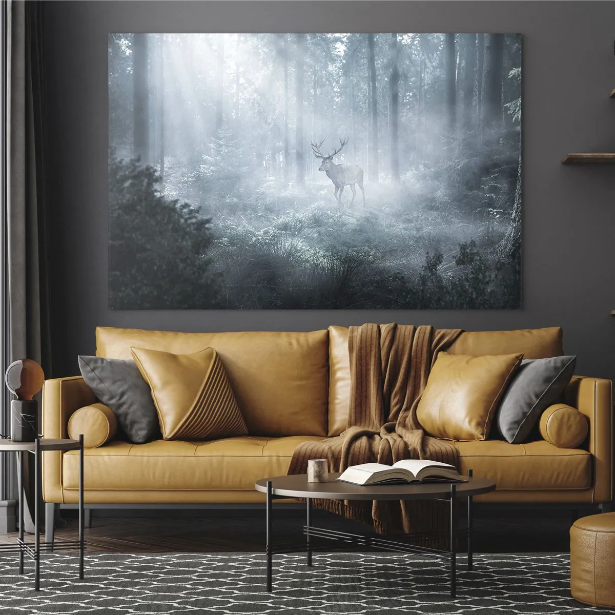 Obraz na skle - Jelen v mlhavém lese osvětleném paprsky ranního slunce - 70x50cm - Ranní obchůzka sídliště - Moderní nástěnná dekorace do obývacího pokoje a ložnice ARTTOR