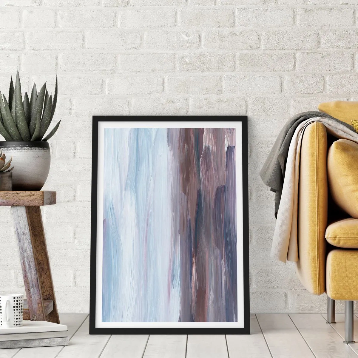Plakát v černém rámu - Abstraktní tahy štětcem v odstínech modré a hnědé - 50x70cm - Živly: voda - Moderní nástěnná dekorace do obývacího pokoje a ložnice ARTTOR