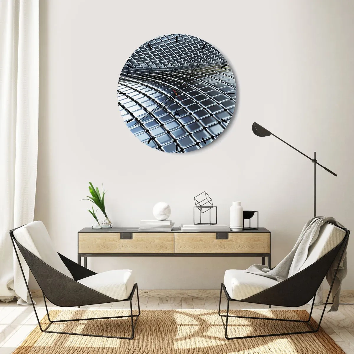 Nástěnné hodiny - Futuristický povrch vyrobený z kovových panelů ve stříbrném odstínu - 30x30cm - Kovová stříbrná vlna - Moderní nástěnná dekorace do obývacího pokoje, kuchyně a ložnice ARTTOR