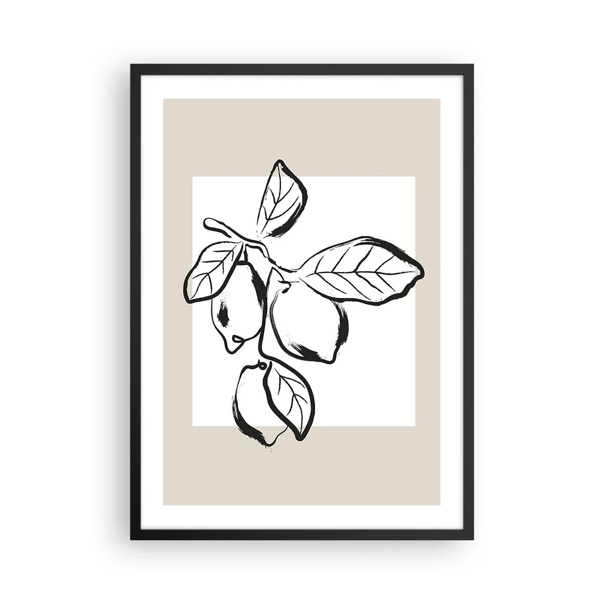 Plakát v černém rámu - Minimalistická ilustrace citronové větve v černobílém stylu. - 50x70cm - Kde citron dozrává… - Moderní nástěnná dekorace do obývacího pokoje a ložnice ARTTOR