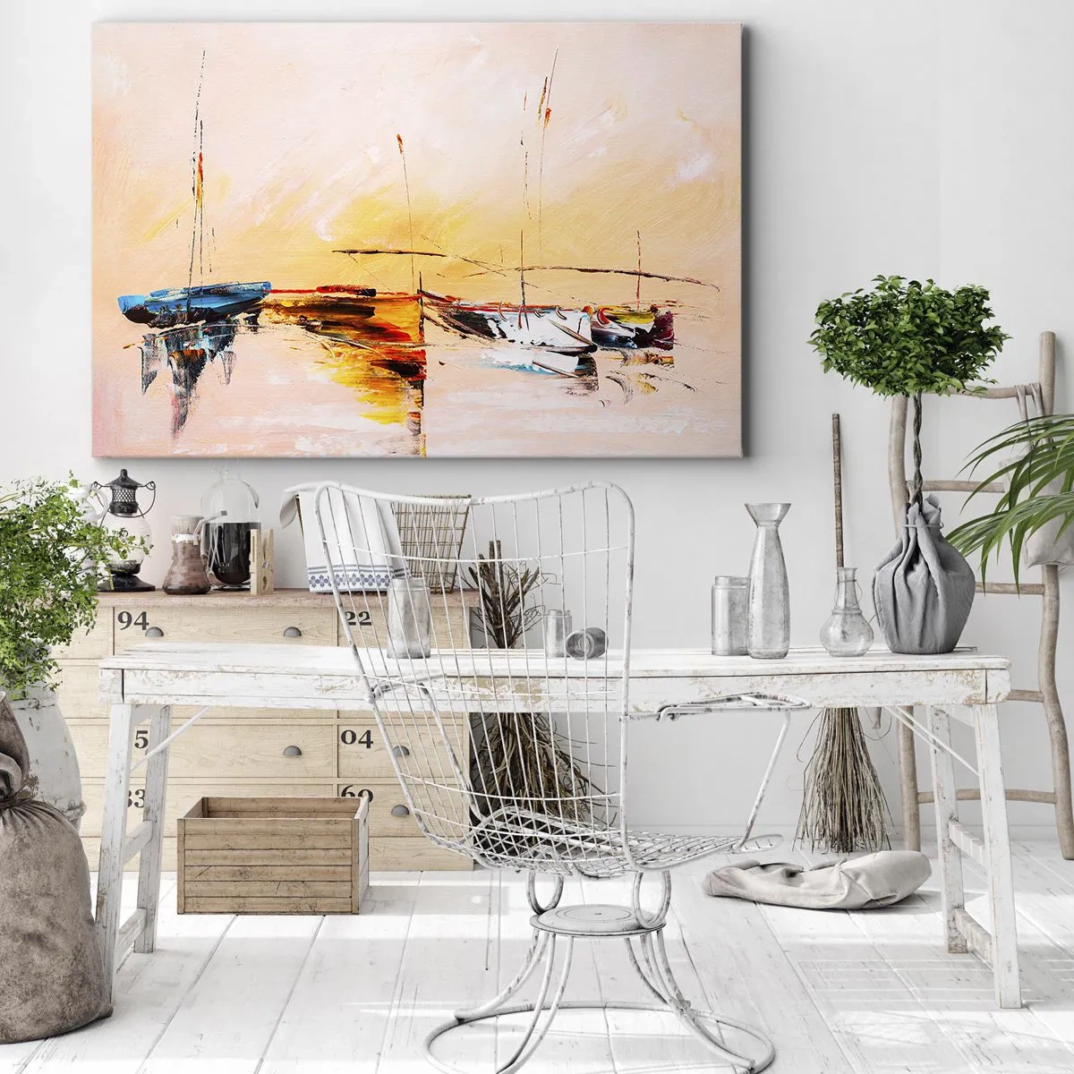 Obraz na plátně - Barevné lodě na klidné vodě při západu slunce - 70x50cm - Večer v přístavu - Moderní nástěnná dekorace do obývacího pokoje a ložnice ARTTOR
