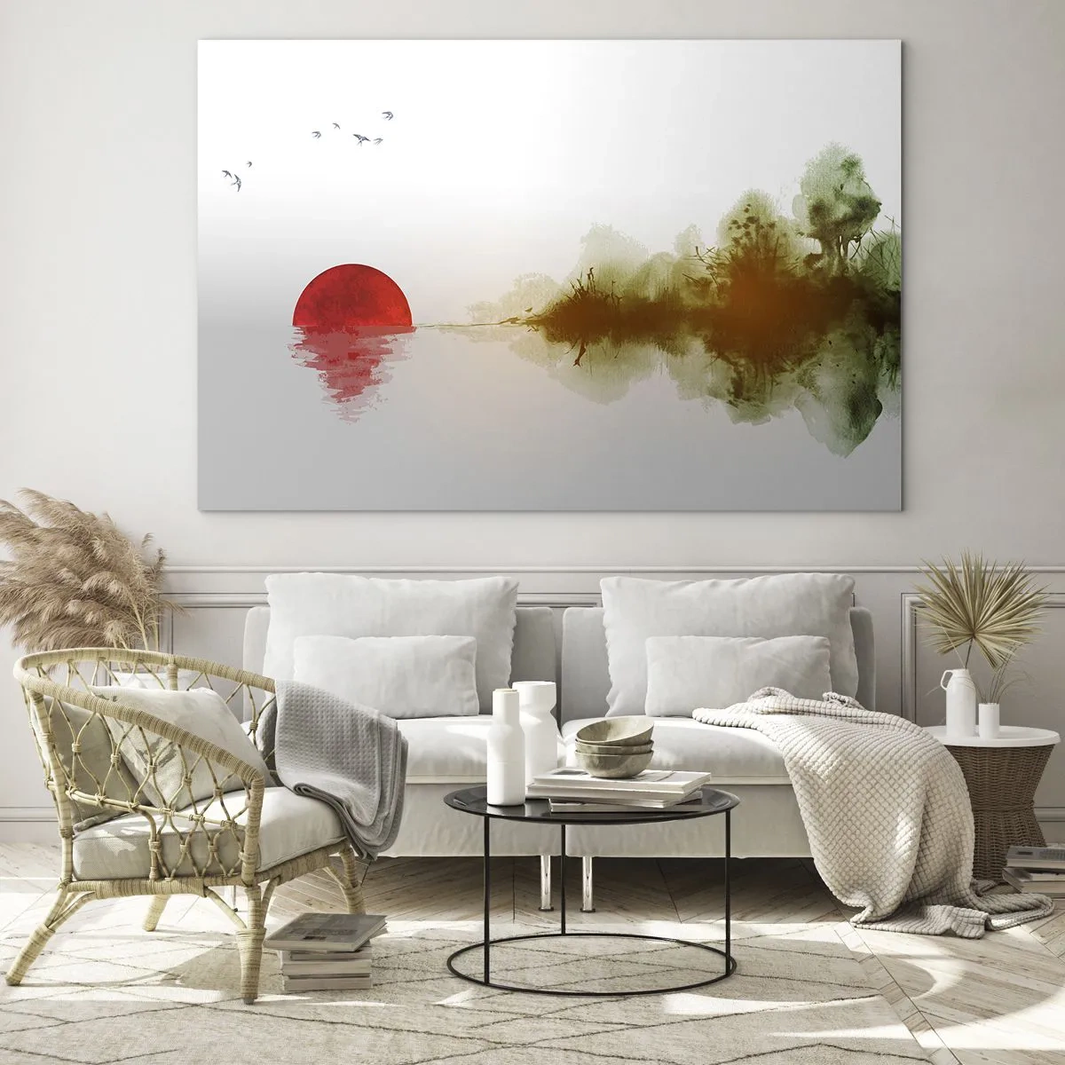 Obraz na skle - Rudé slunce nad vodou a obrys lesa - 70x50cm - Příslib klidu - Moderní nástěnná dekorace do obývacího pokoje a ložnice ARTTOR