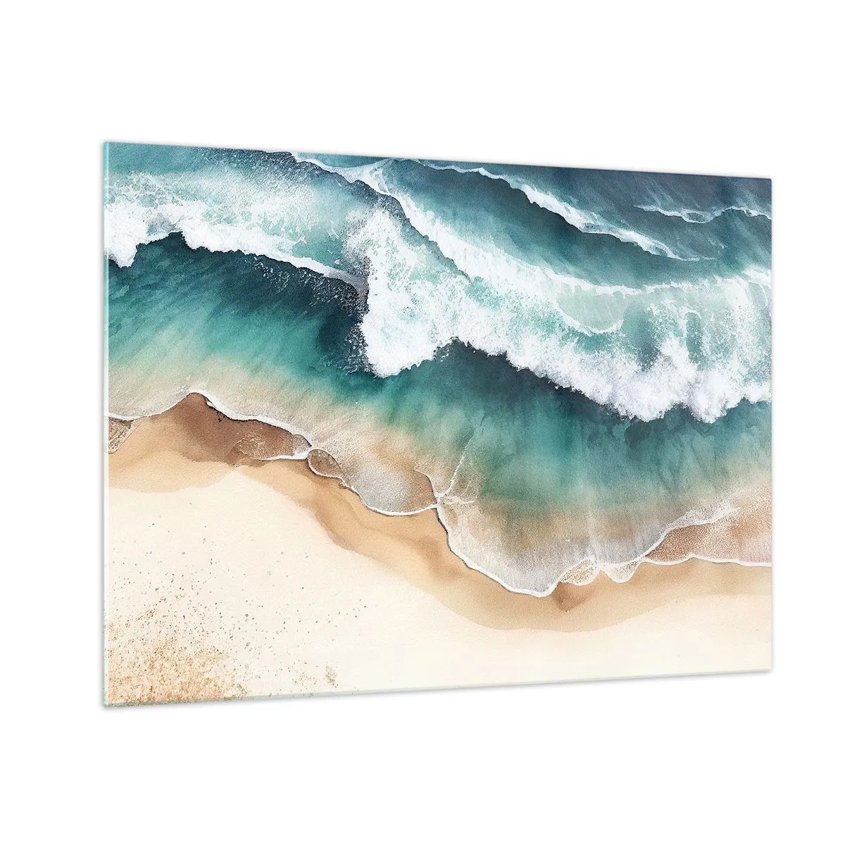 Obraz na skle - Oceánské vlny narážející na zlatou písečnou pláž - 70x50cm - Odvěké setkání - Moderní nástěnná dekorace do obývacího pokoje a ložnice ARTTOR