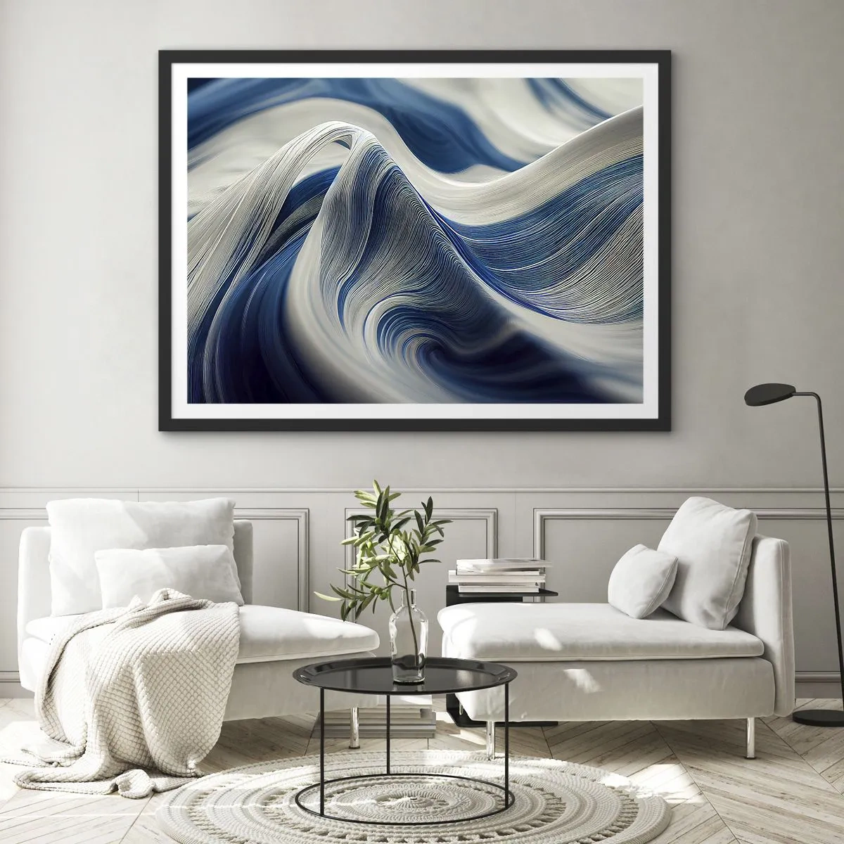 Plakát v černém rámu - Plynulost modré a bílé - 70x50 cm