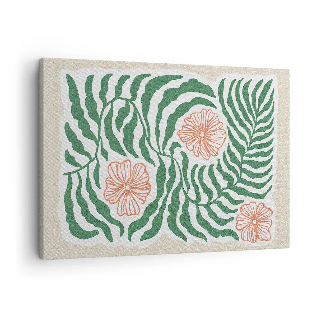 Obraz na plátně - Minimalistický motiv zelených listů s květy v oranžových odstínech. - 70x50cm - Rozkvetlé v zeleni - Moderní nástěnná dekorace do obývacího pokoje a ložnice ARTTOR