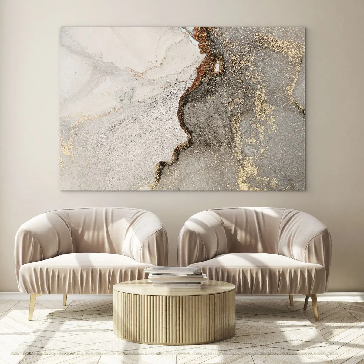 Obraz na skle - Abstraktní kompozice s béžovou, zlatou a grafitem - 70x50cm - Na hranici barev - Moderní nástěnná dekorace do obývacího pokoje a ložnice ARTTOR